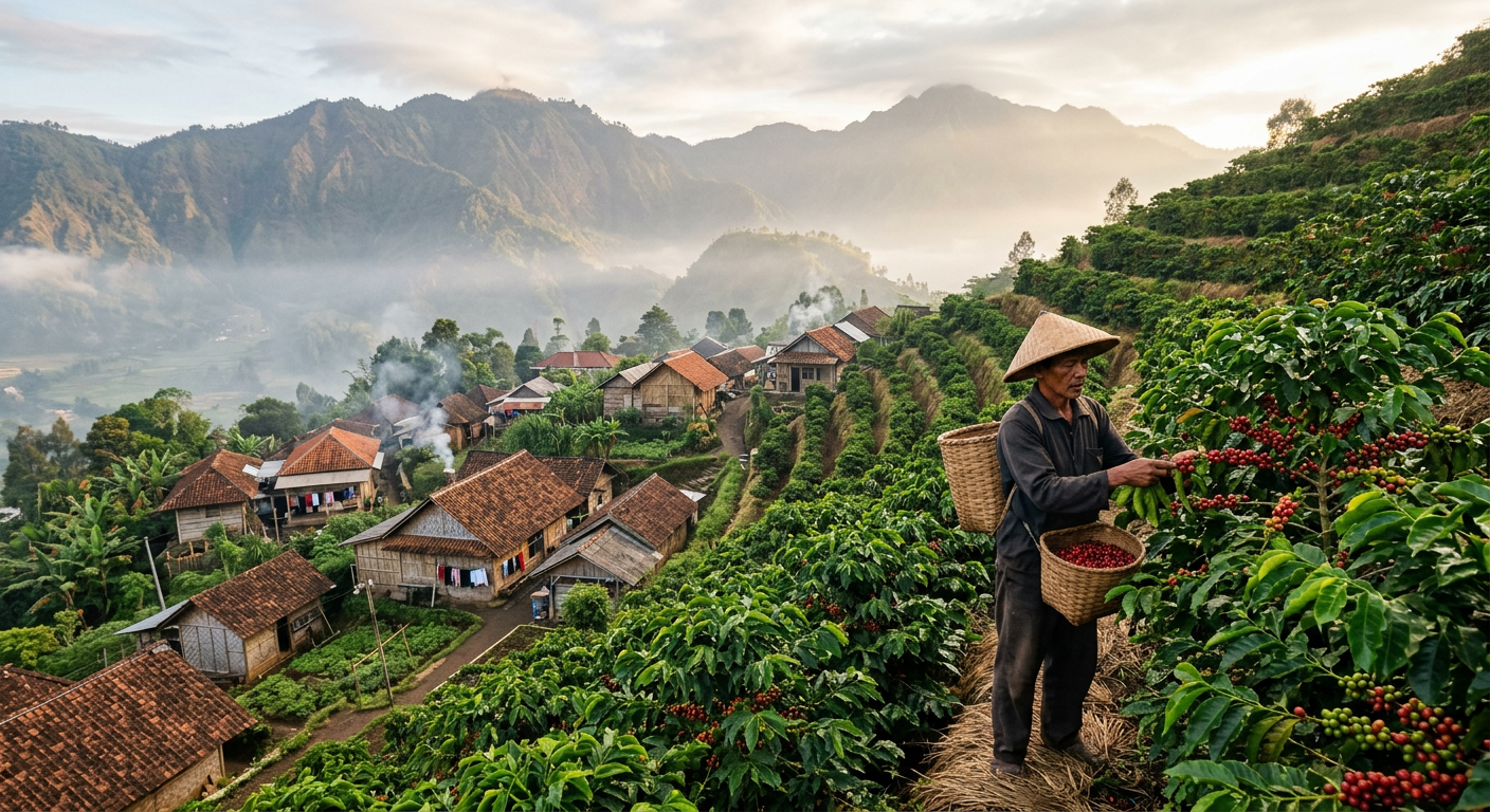 Coffee plantation on a hillside with a farmer picking cherries and a village behind