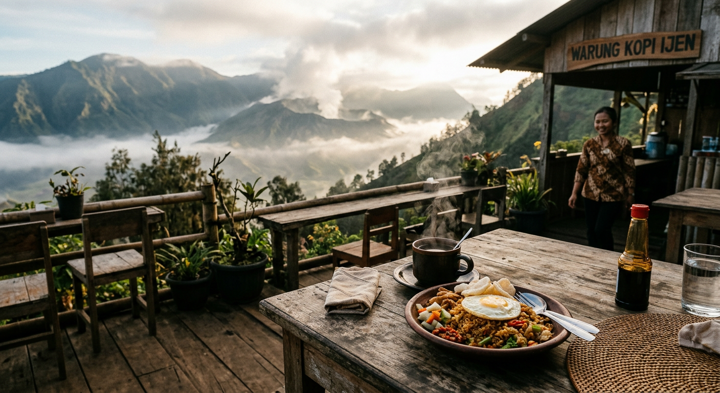 Cup of local coffee and Indonesian breakfast on a wooden table with misty mountains behind