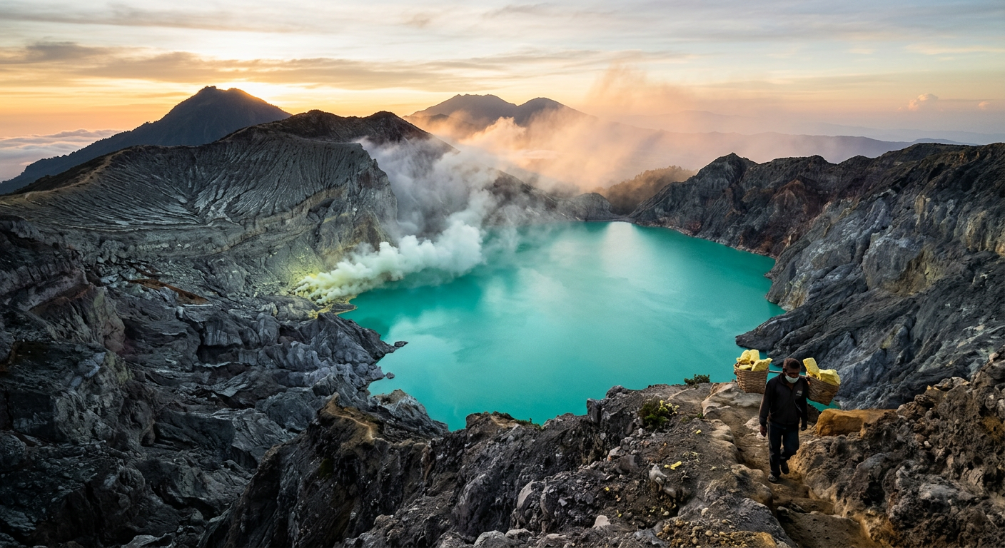 Turquoise crater lake of Ijen surrounded by steep volcanic walls and sulfur steam