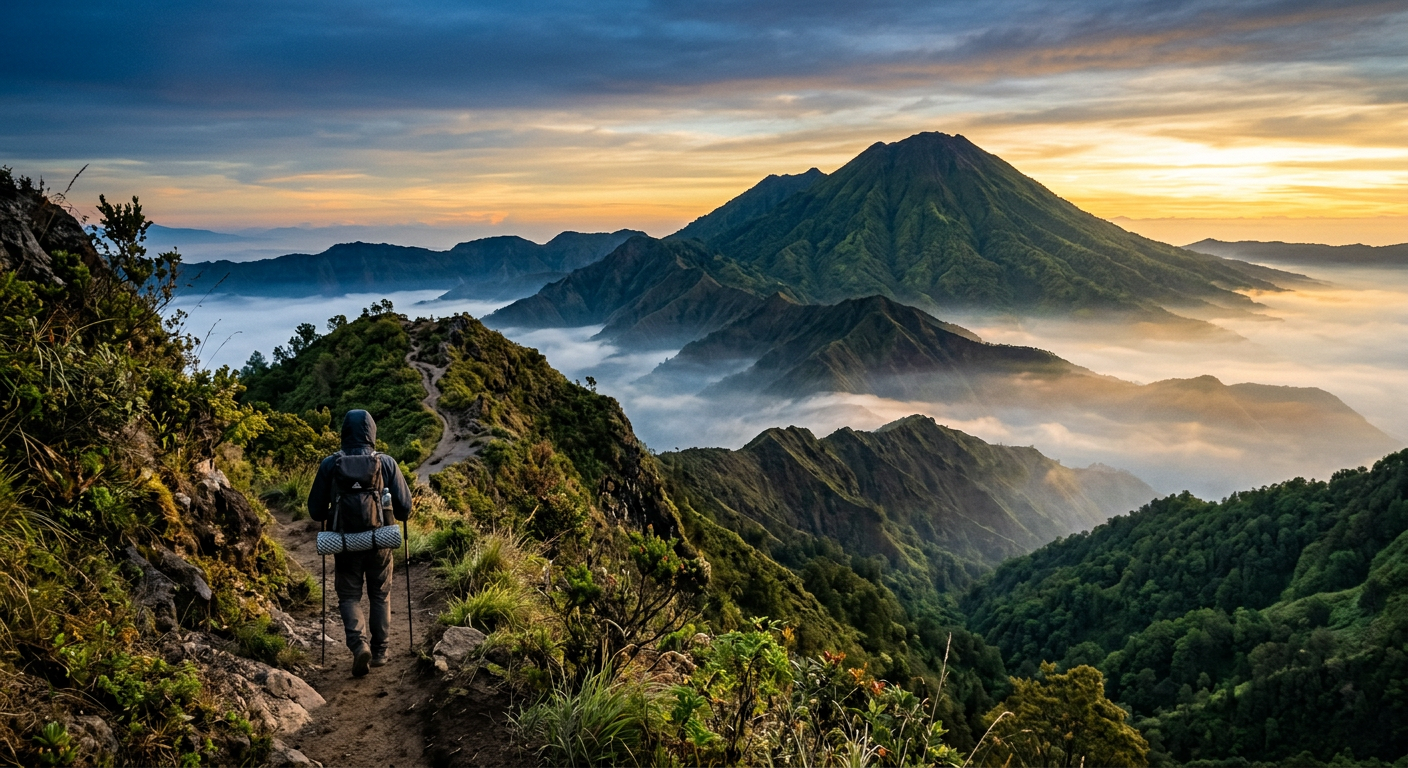 Forested volcanic peak at sunrise with mist in the valleys and a hiker on the trail
