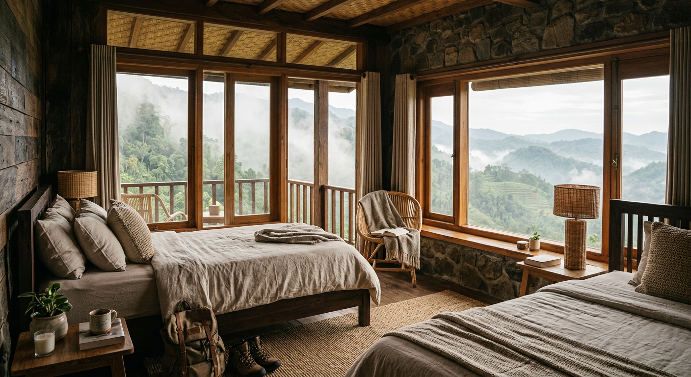 Family room with two beds, wooden details and a view of green hills