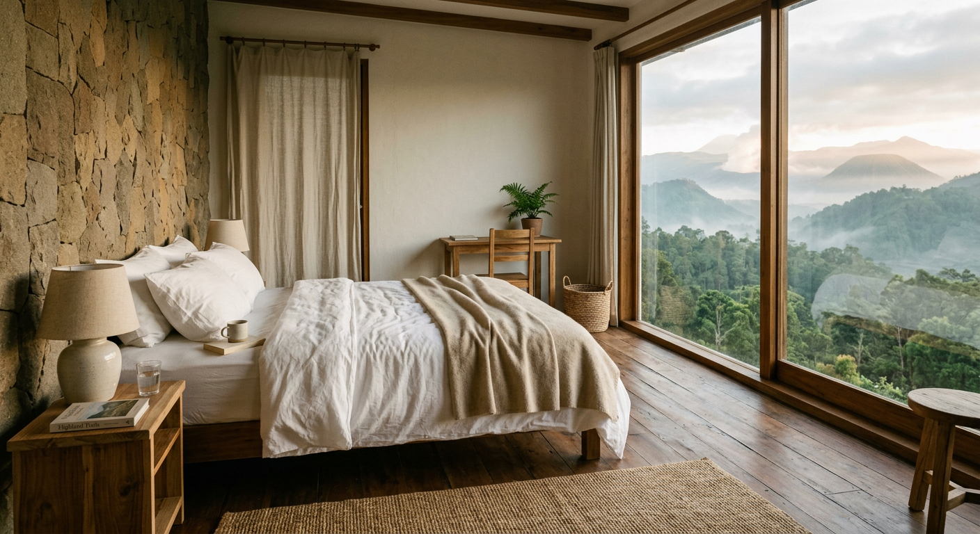 Private room with a white double bed and a window overlooking misty mountains