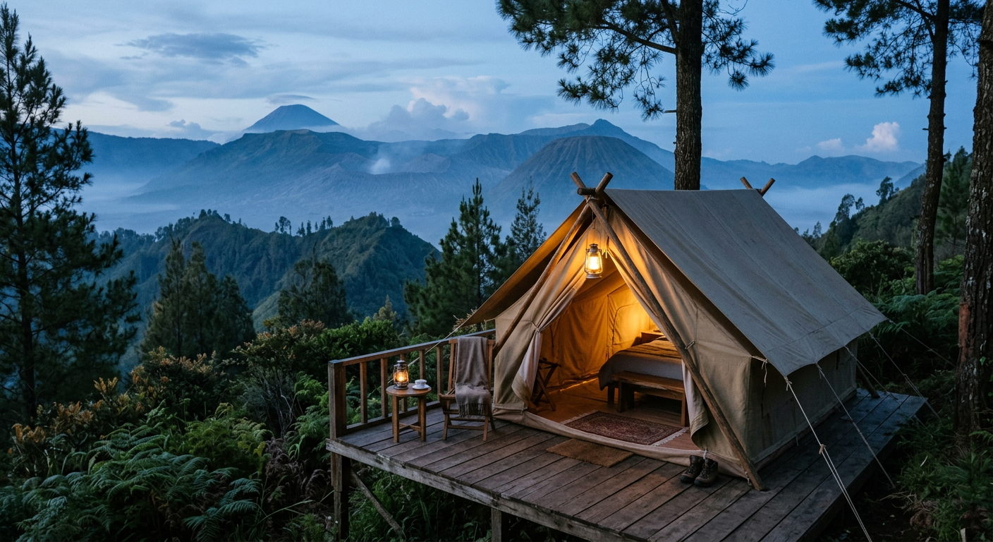 Canvas tent on a wooden deck lit by a lantern at dusk with mountains behind